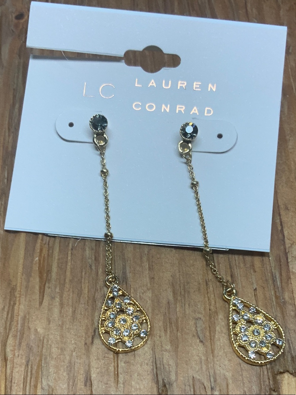 LC Lauren Conrad Gold and Clear Crystal Teardrop Dangle Earrings